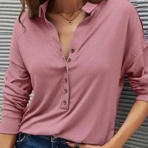 Half Open Collar Plain Casual Loose Shirt, Blouses, color:Brick Red|size:5XL, Noracora