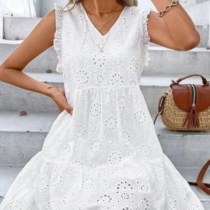 Lace V Neck Vacation Regular Fit Dress, Short, color:White|size:XXL, Noracora