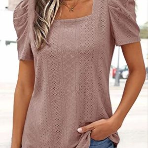 Square Neck Casual Loose Plain Blouse, Blouses, color:pink-gray|size:XXL, Noracora