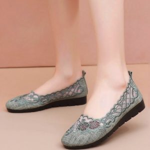 Breathable Comfortable Soft Sole Floral Embroidery Pumps, Flats/Loafers, color:Green|size:41, Noracora