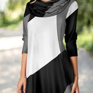 Cowl Neck Regular Fit Casual Tops, Blouses, color:Black-white|size:3XL, Noracora