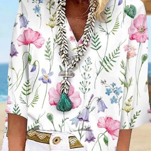 V Neck Printing Casual Floral Shirt, Blouses, color:White|size:XXL, Noracora