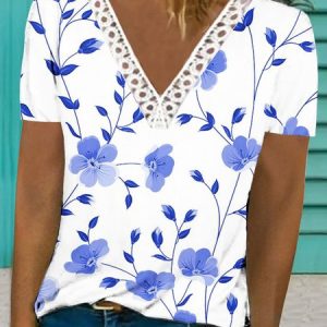 Lace Edge Loose Casual V Neck Shirt, Blouses, color:white-blue|size:XXL, Noracora