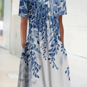 Crew Neck Floral Casual Dress, Midi, color:Blue|size:L, Noracora