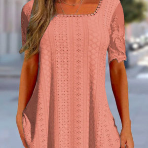 Plus size Square Neck Casual Plain Lace Shirt, TOPS, color:Pink|size:4X, Noracora