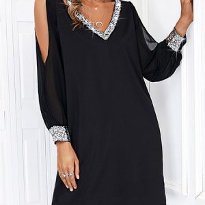 Plain Loose V Neck Sexy Short Tunic Dress, Short, color:Black|size:XXL, Noracora