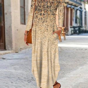 Women Casual Ethnic Autumn Natural Daily Loose Long Best Sell Crew Neck Dress, Maxi, color:Apricot|size:XXL, Noracora