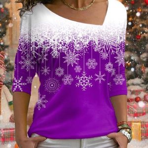 Casual Christmas Snowflake Print H-Line T-Shirt, T-shirts, color:Purple|size:3XL, Noracora