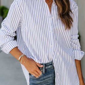 Striped Casual Loose Blouse, Shirts, color:white-blue|size:XXL, Noracora