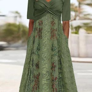Regular Fit Sweetheart Neckline Casual Floral Dress, Maxi, color:Green|size:XXL, Noracora