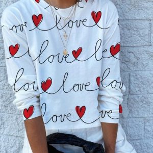 Crew Neck Heart/Cordate Casual T-Shirt, T-shirts, color:White|size:XXL, Noracora