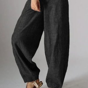 Women Casual Cotton Linen Long Pant, Pants, color:Black|size:XXL, Noracora