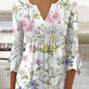 Floral Loose Notched Casual Shirt, Blouses, color:White|size:5XL, Noracora