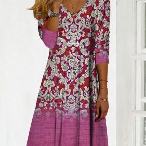 Gradient folk pattern loose a-hem Pullover midi Dress, Midi, color:Peach|size:XXL, Noracora