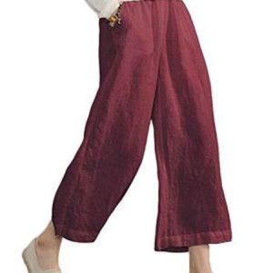 Casual Wide Leg Baggy Cotton & Linen Pant With Pockets, Pants, color:Wine Red|size:5XL, Noracora