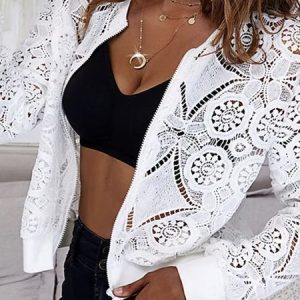Loose Crew Neck Casual Lace Jacket, Jackets, color:White|size:XXL, Noracora