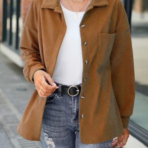 Shirt Collar Plain Loose Casual Bomber Jacket, Jackets, color:Brown|size:3XL, Noracora