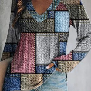 Printed Long Sleeve V Neck Casual Tunic T-Shirt, T-shirts, color:As Picture|size:XXL, Noracora