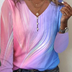 Plus Size V Neck Abstract Casual Loose T-Shirt, TOPS, color:Pink|size:4X, Noracora