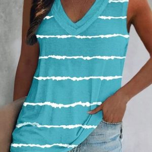 Casual Striped Tank Top, TOPS, color:Lake Blue|size:4X, Noracora
