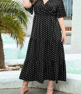 V Neck A-Line Printed  Polka Dots Maxi Dress, DRESSES, color:Black|size:4X, Noracora
