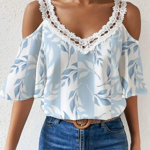 Leaves Casual Lace Loose Shirt, Blouses, color:White|size:XXL, Noracora