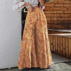 Regular Fit Boho Disty Floral Skirt With No, Skirts, color:Yellow|size:5XL, Noracora