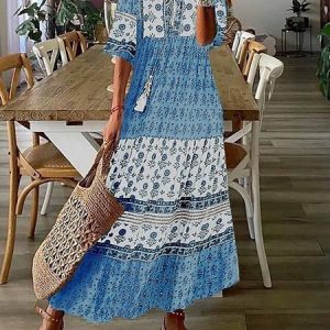 Ethnic Vacation Tassel Loose Maxi Dress, Maxi, color:Blue|size:XXL, Noracora