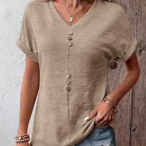 Casual Buckle V Neck Plain Loose Shirt, Blouses, color:Khaki|size:XXL, Noracora
