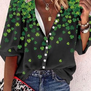 Casual Four-Leaf Clover Printed Loose Shirt, Shirts, color:Black|size:XXL, Noracora