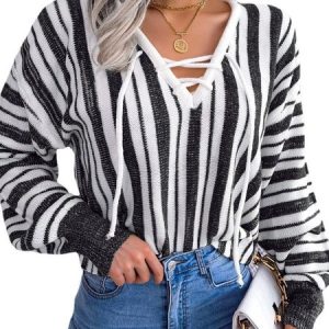 Lace-Up Casual V Neck Loose Sweater, Sweaters, color:Black|size:L, Noracora