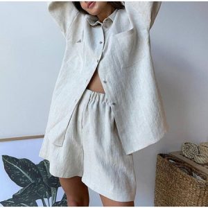 Casual Plain Shirt Collar Two-Piece Set, Sets, color:White|size:XL, Noracora