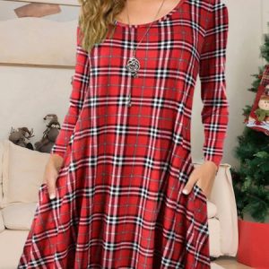 Plaid Crew Neck Dress, Short, color:Red|size:XXL, Noracora