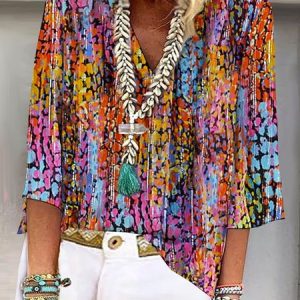 Abstract Printed V Neck Casual Blouses, Blouses, color:Multicolor|size:XXL, Noracora
