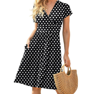 V Neck Ethnic Vacation Loose Dress, Short, color:Black-white|size:3XL, Noracora