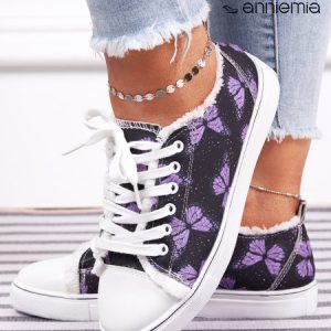 Purple Butterfly Pattern Casual Lace-Up Canvas Shoes, Sneakers&Athletic, color:Purple|size:43, Noracora