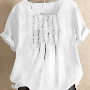 Cotton And Linen Linen Crew Neck Shirt, Blouses, color:White|size:XXL, Noracora