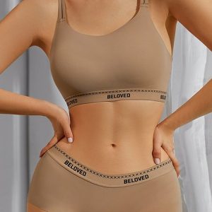 Letter Pattern Sports Bra & Panty Set, Lingeries, color:Beige|size:XL, Noracora
