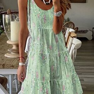 Crew Neck Casual Regular Fit Floral Dress, Midi, color:Green|size:XXL, Noracora