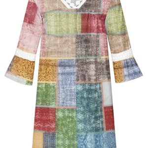 Ethnic Casual V Neck Loose Dress, Short, color:Red|size:3XL, Noracora