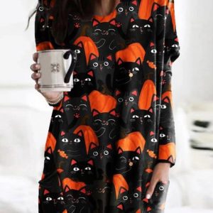 Crew Neck Loose Halloween Casual Dress, Midi, color:Color4|size:3XL, Noracora