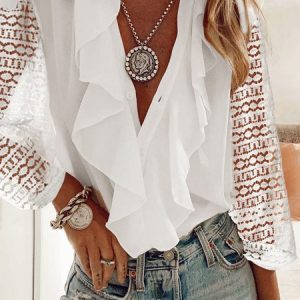 V Neck Regular Fit Plain Blouse, Shirts, color:White|size:XXL, Noracora