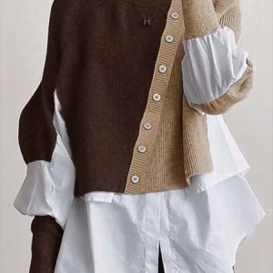 Crew Neck Color Block Tunic Top, Tops, color:Khaki|size:XXL, Noracora