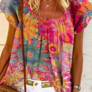 Casual Short Sleeve Floral Top, Blouses, color:Pink|size:XXL, Noracora