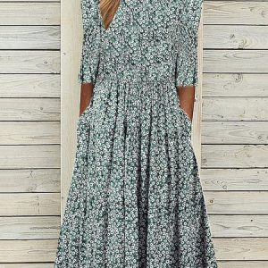 Vacation Jersey Loose Crew Neck Dress, Midi, color:Green|size:XXL, catalog Noracora shop