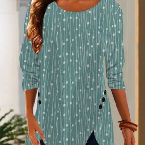 Casual Geometric Long Sleeve Crew Neck Printed Tunic Top T-shirt, Blouses, color:Green|size:XXL, Noracora
