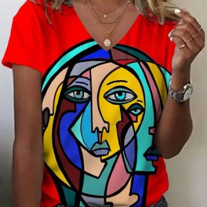 Abstract Figure Casual V-Neck T-Shirt, T-shirts, color:Color6|size:5XL, Noracora