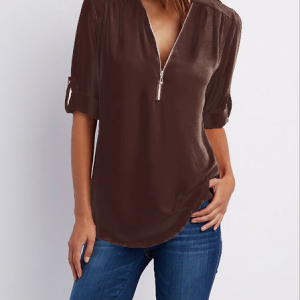 Chiffon Half Sleeve Zipper Solid V Neck Blouse, T-shirts, color:Coffee|size:M, Noracora