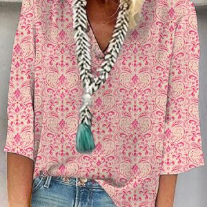Loose Vacation V Neck Nationality/Ethnic Shirt, Blouses, color:Pink|size:XXL, Noracora