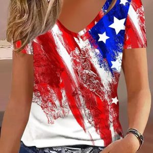 America Flag Casual V Neck Shirt, Blouses, color:Red-Blue|size:XXL, Noracora